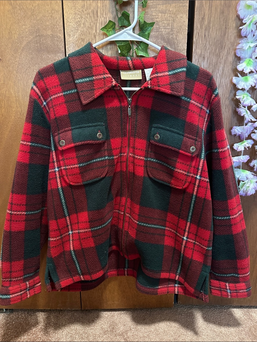 Liz Claiborne Red and Green Plaid Zip-Up Pea Coat for Kids